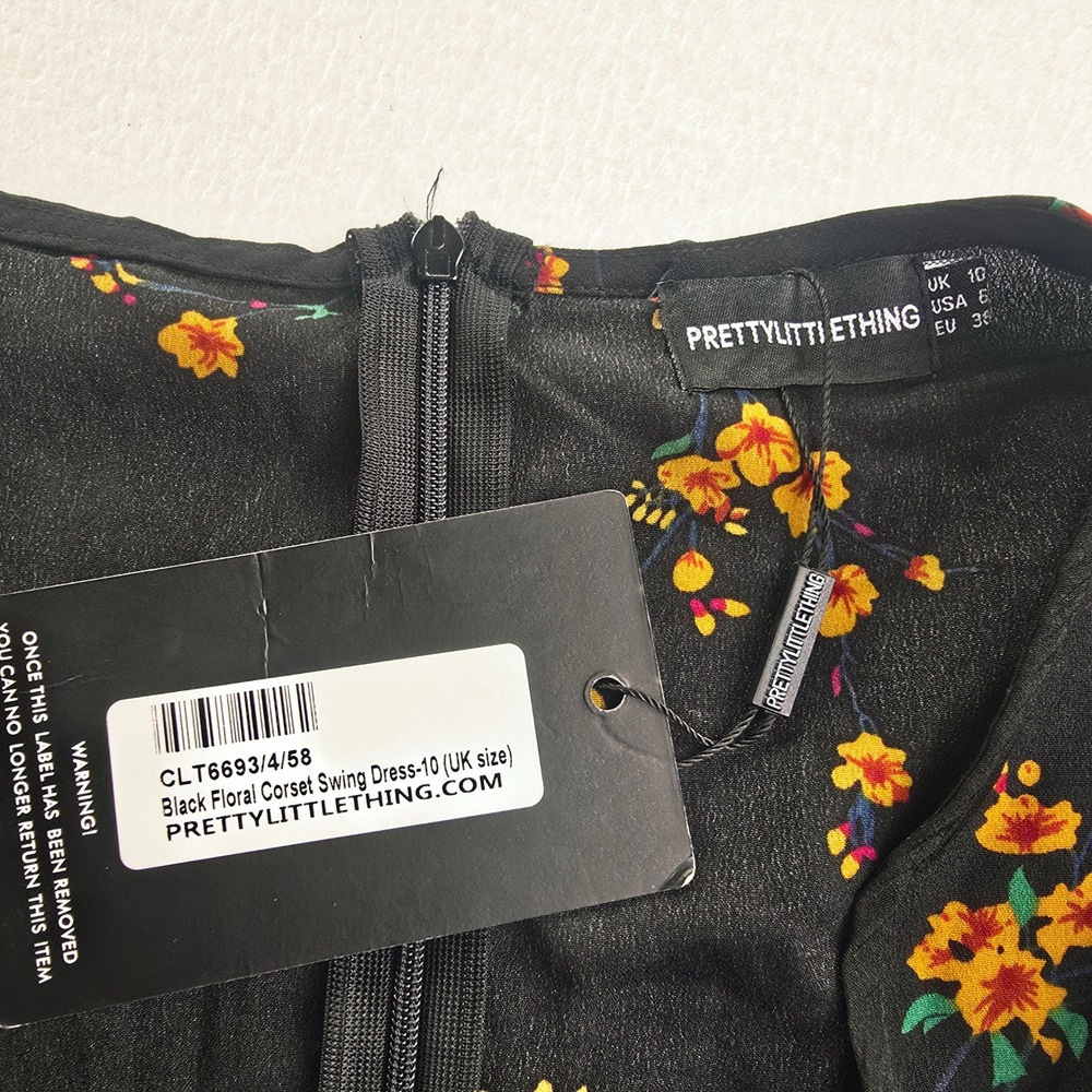 PrettyLittleThing NWT Black Floral Corset Swing Dress Mini Ruffle Sleeve Size 6 - Picture 7 of 12